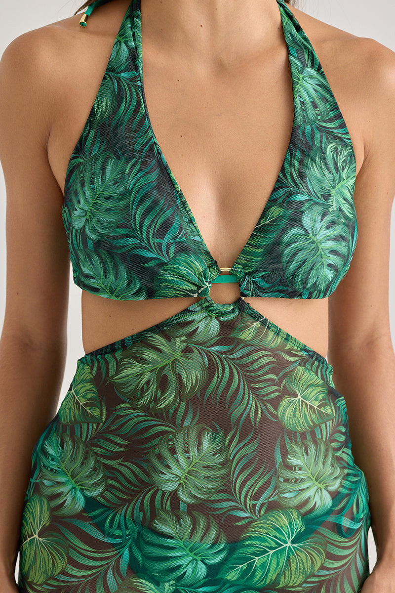 Tropical Leaf Mesh Maxi Dress – Sexy Cut-Out Beachwear