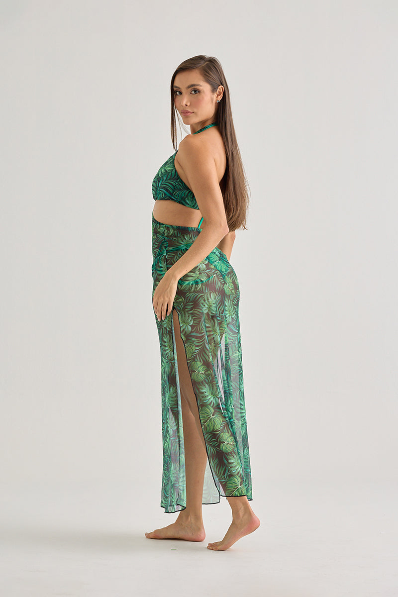 Tropical Leaf Mesh Maxi Dress – Sexy Cut-Out Beachwear