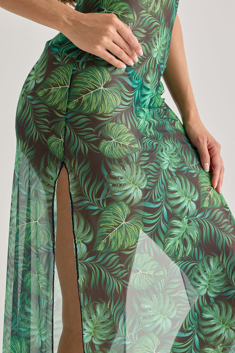 Tropical Leaf Mesh Maxi Dress – Sexy Cut-Out Beachwear
