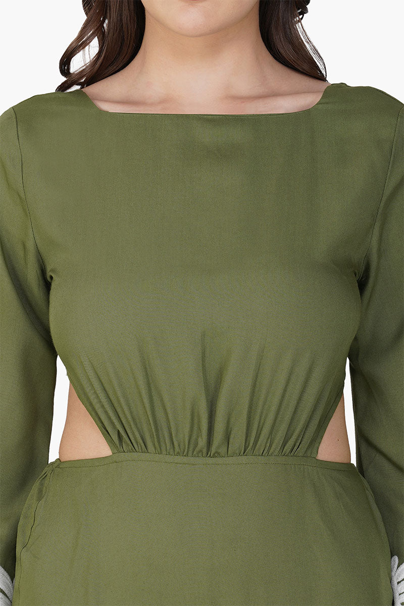 Palm Tree Embroidered Olive Dress