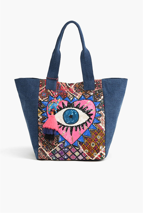 Watch Over Me Evil Eye Denim Tote with Earring