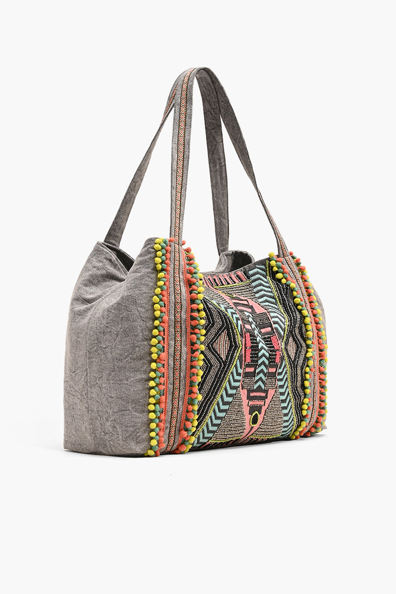 Gargoyle Embellished Gray Hand Beaded Tote