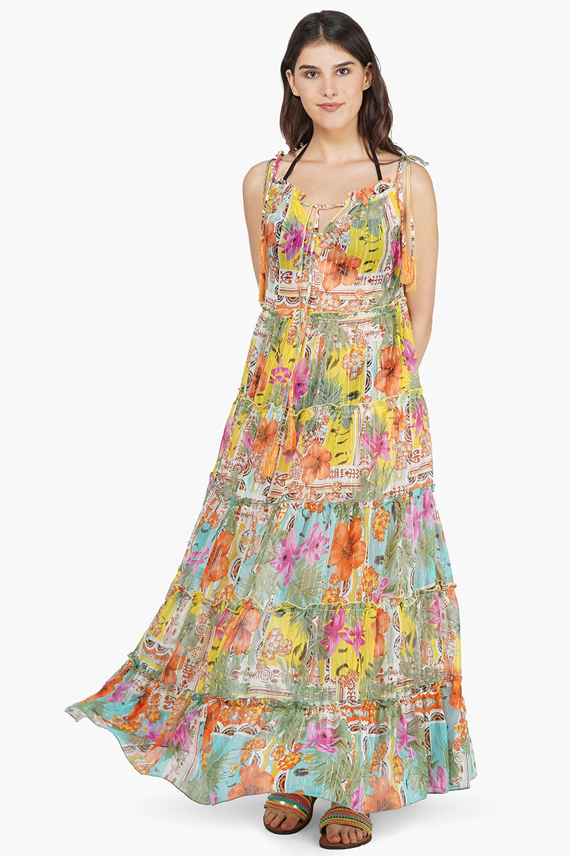 knee length dresses for ladies America & Beyond Boho Blissful Tiered Maxi Dress Women's Swimwear : SM