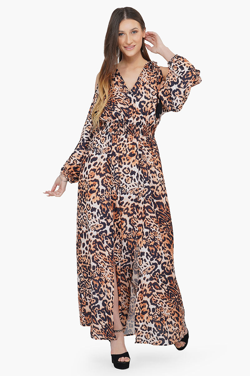 Brown Leopard Cold Shoulder Maxi Dress