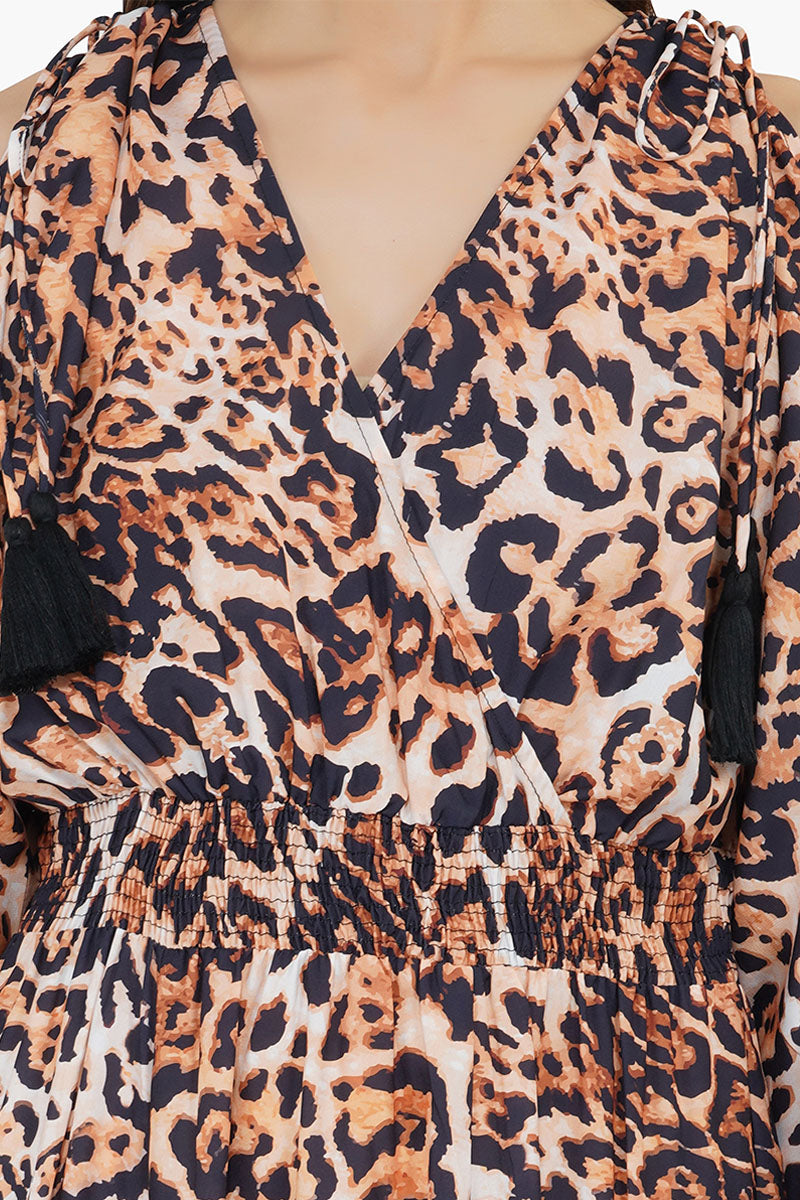 Brown Leopard Cold Shoulder Maxi Dress