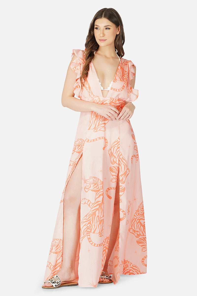 Apricot Wash Tiger Ruffle Sleeves Dress 3X