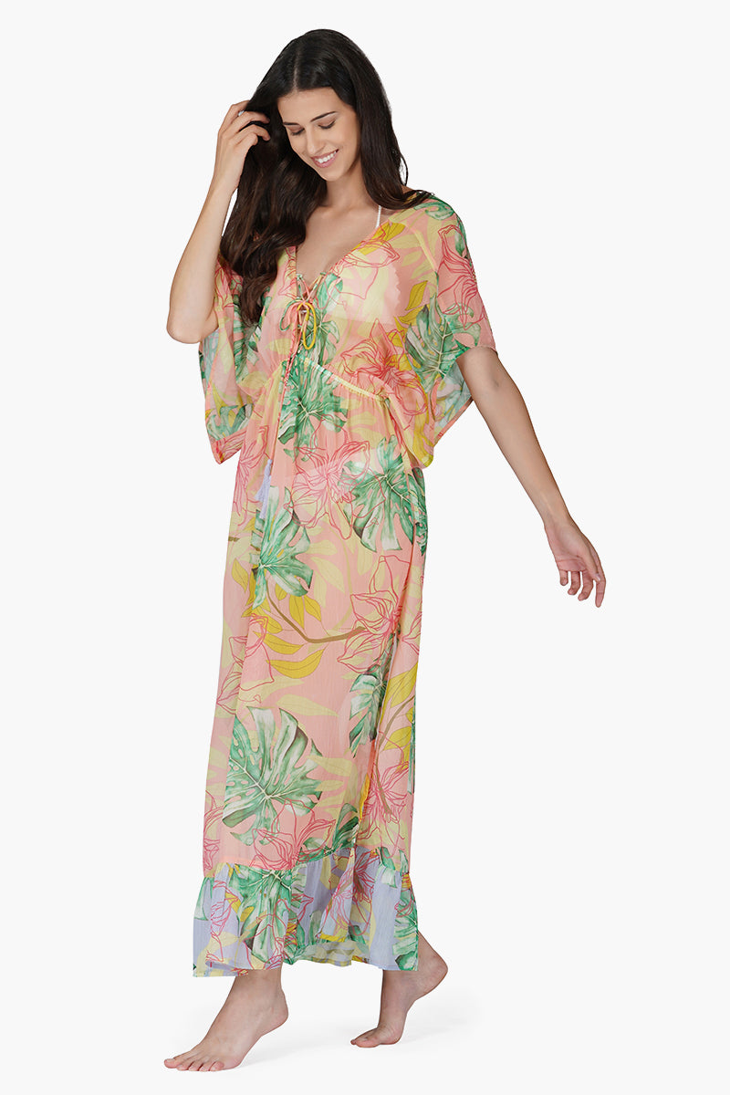 Peach Blush Tropical Print Maxi Dress