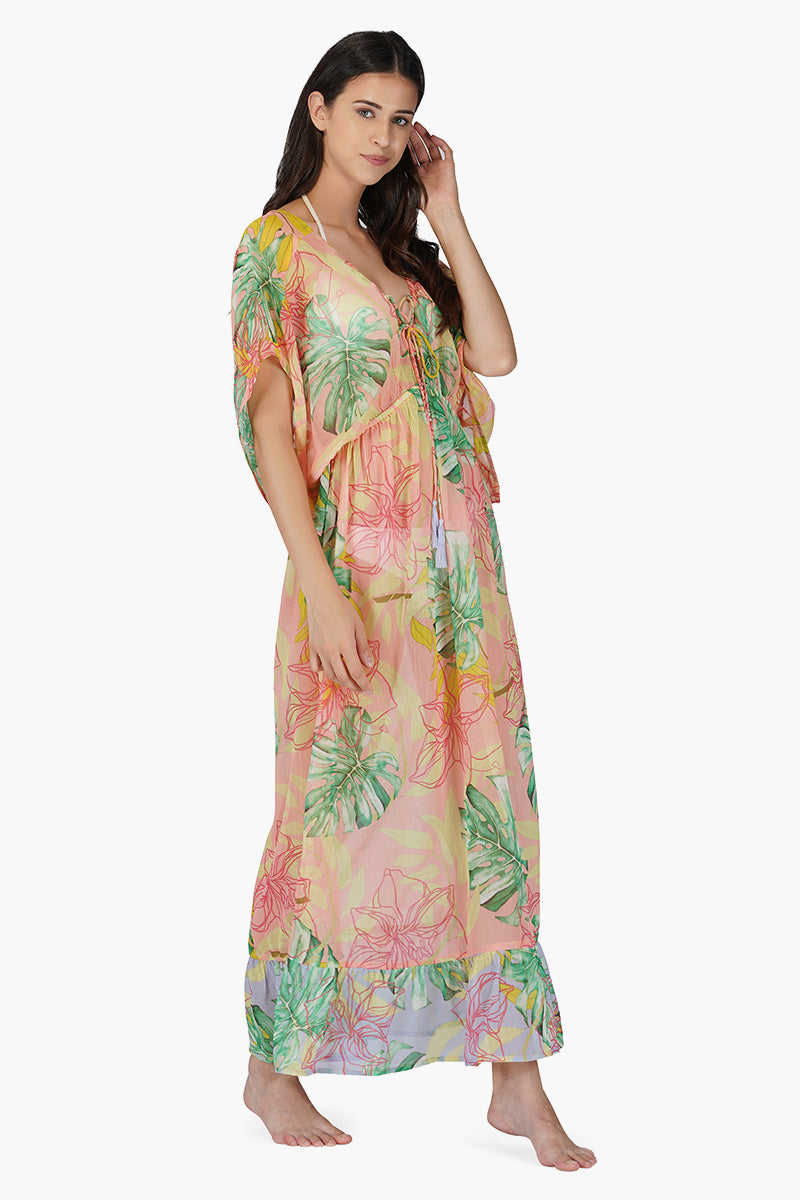 Peach Blush Tropical Print Maxi Dress