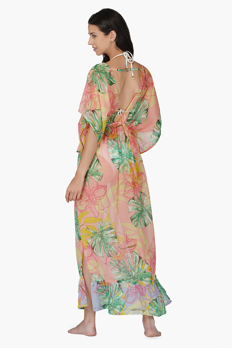 Peach Blush Tropical Print Maxi Dress