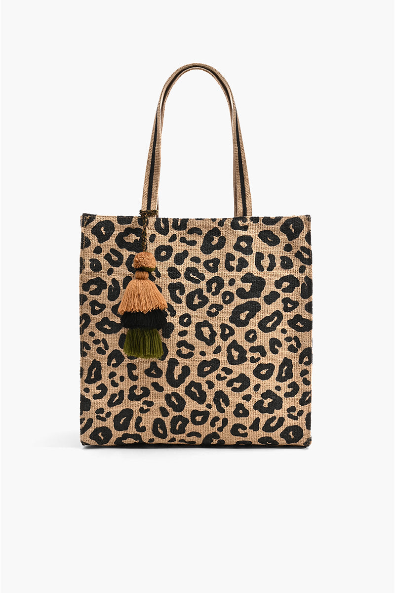Leopard Handwoven Jute Brown Tote With Tassel | view 1