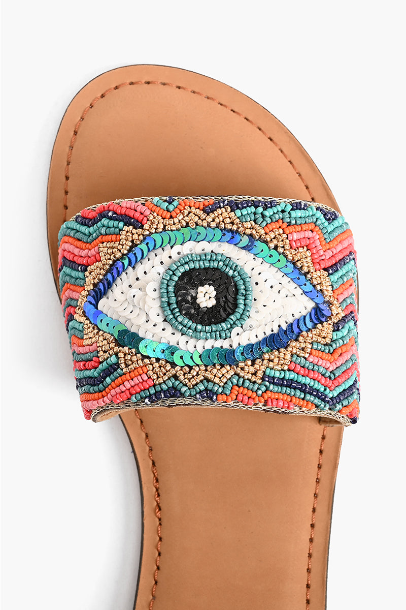 Evil Eye Good Luck Hand Beaded Slide Sandals