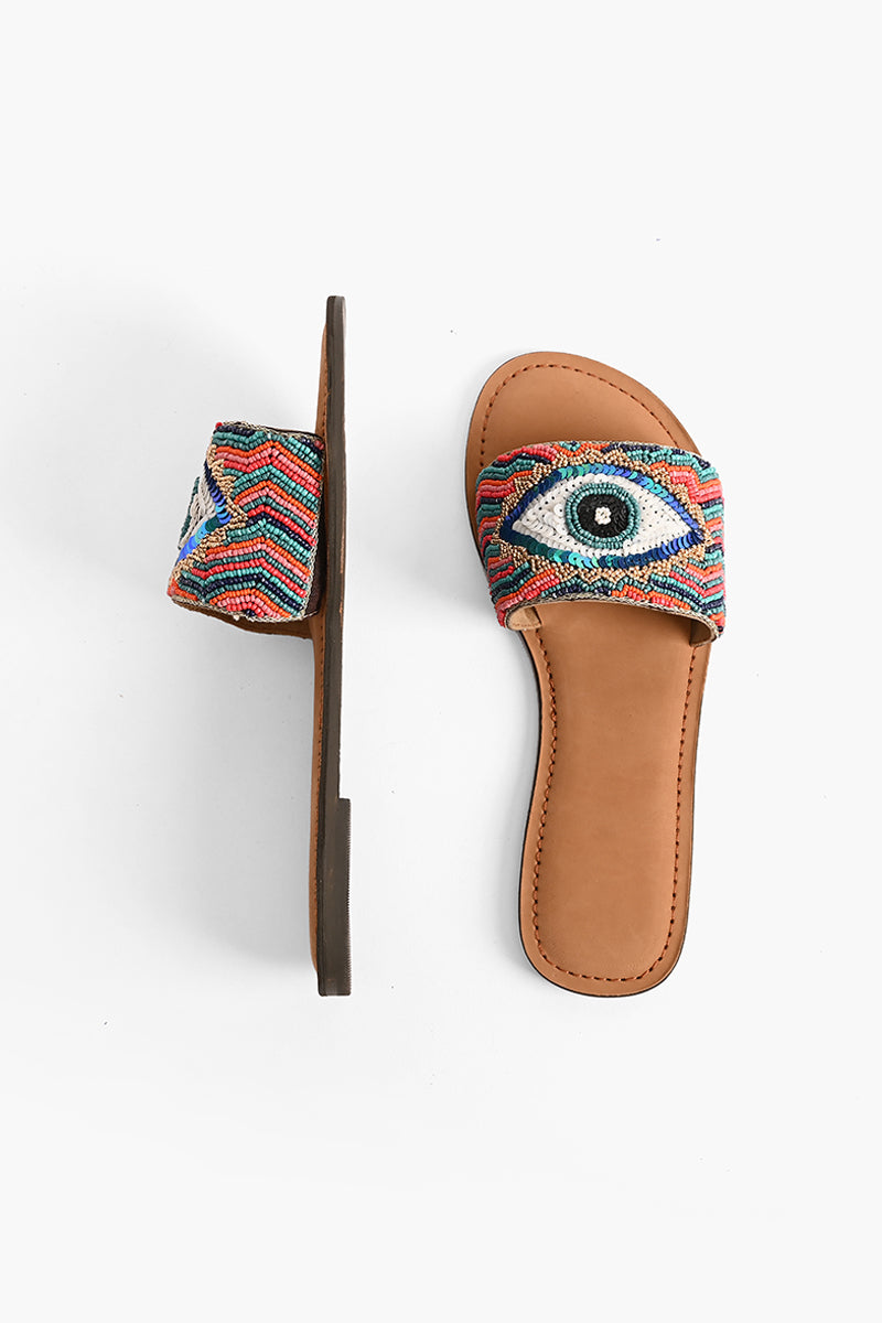 Evil Eye Good Luck Hand Beaded Slide Sandals