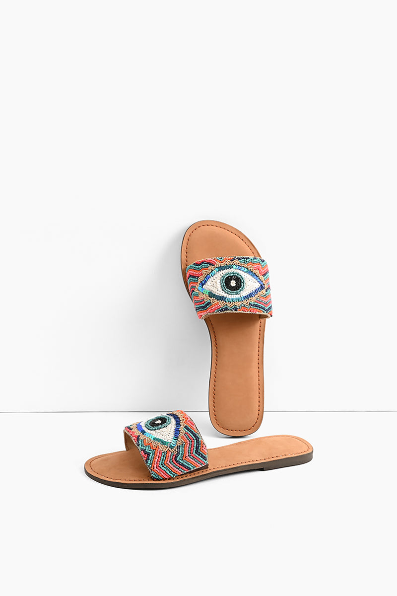 Evil Eye Good Luck Hand Beaded Slide Sandals