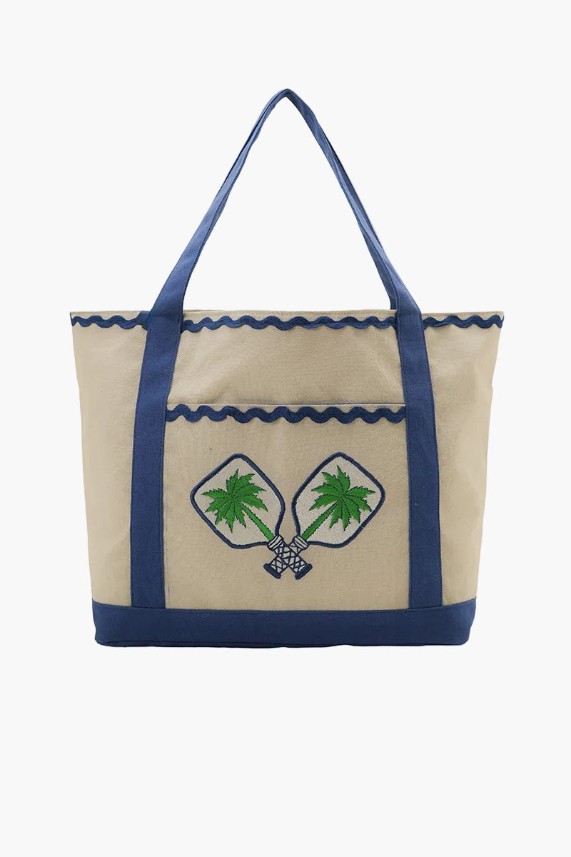 Beige tote bag with blue trim and palm tree design on a white background