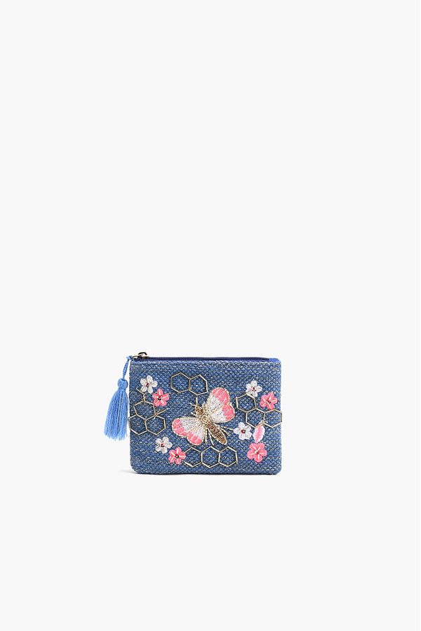 Blue Beaded Bee Embellished Mini Pouch