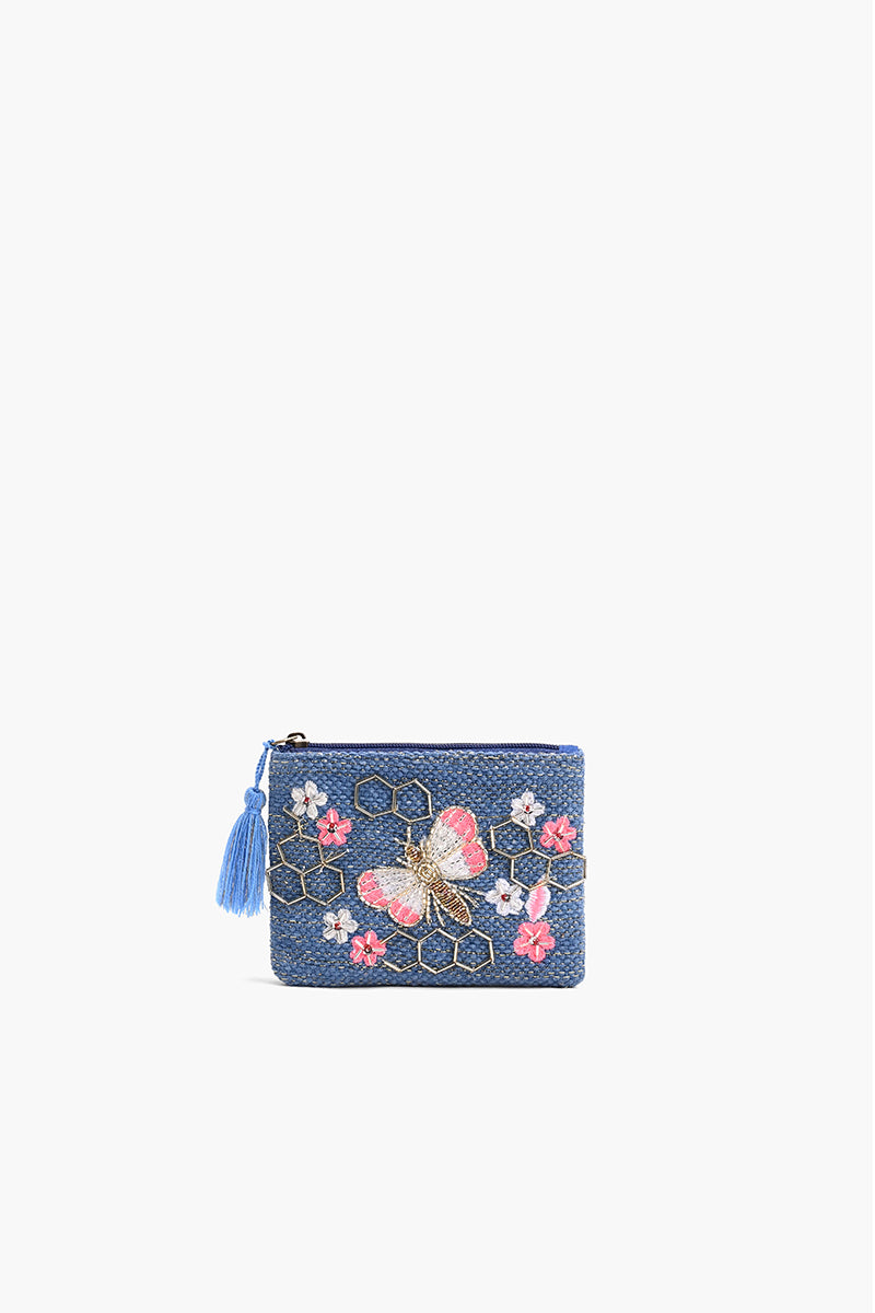 Blue Beaded Bee Embellished Mini Pouch