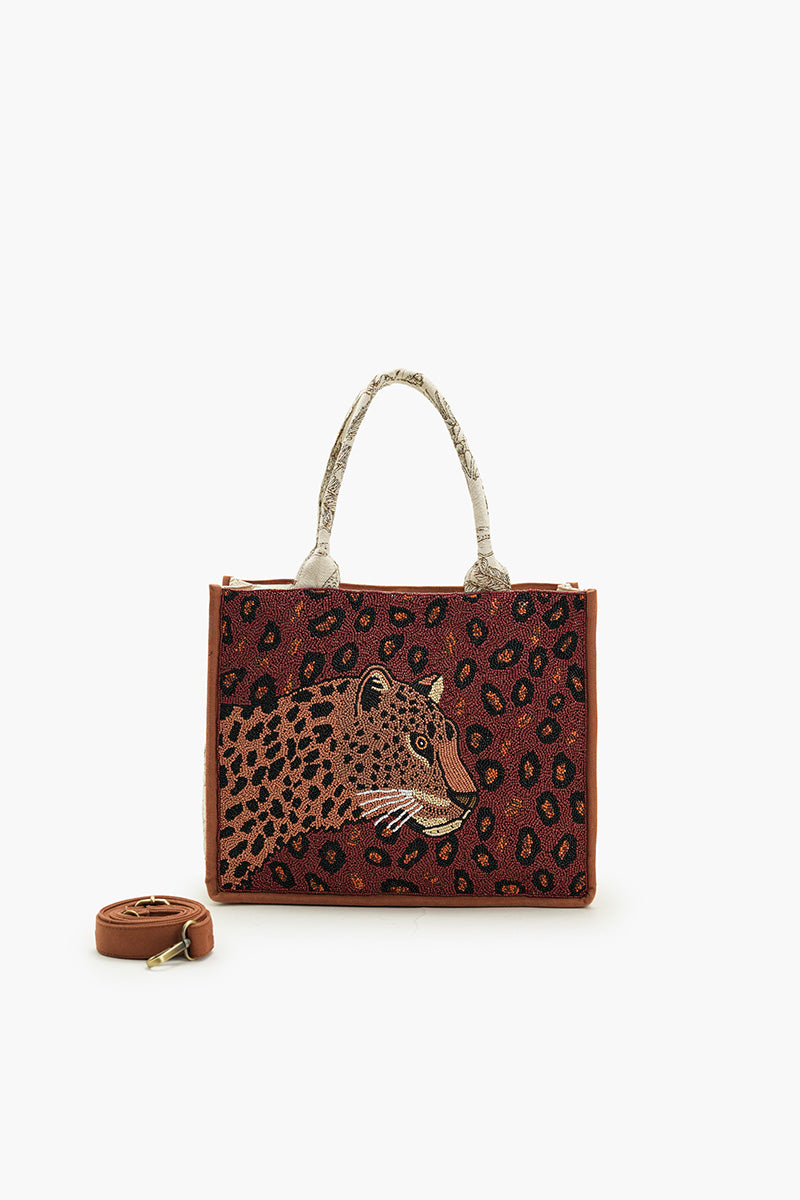 Forest Leopard Beaded Book Tote