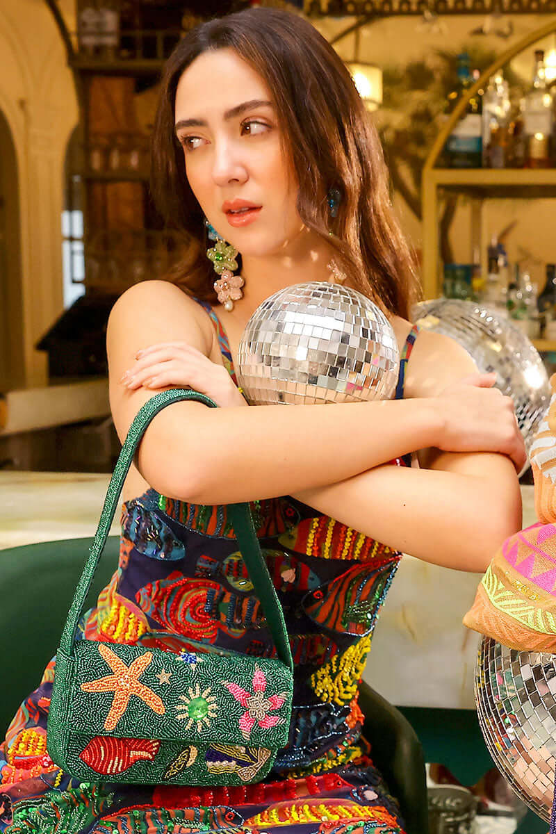 Emerald Sea Life Beaded Shoulder Bag