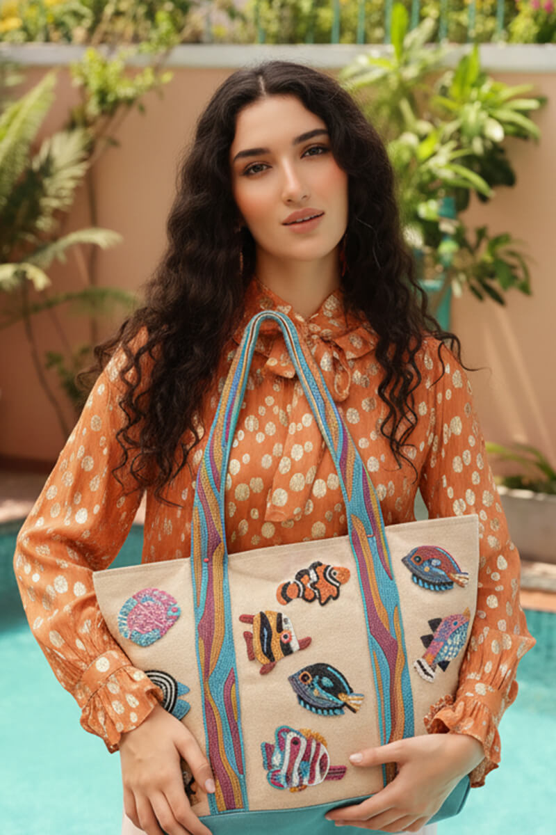Colorful Fish Beaded Boat Tote