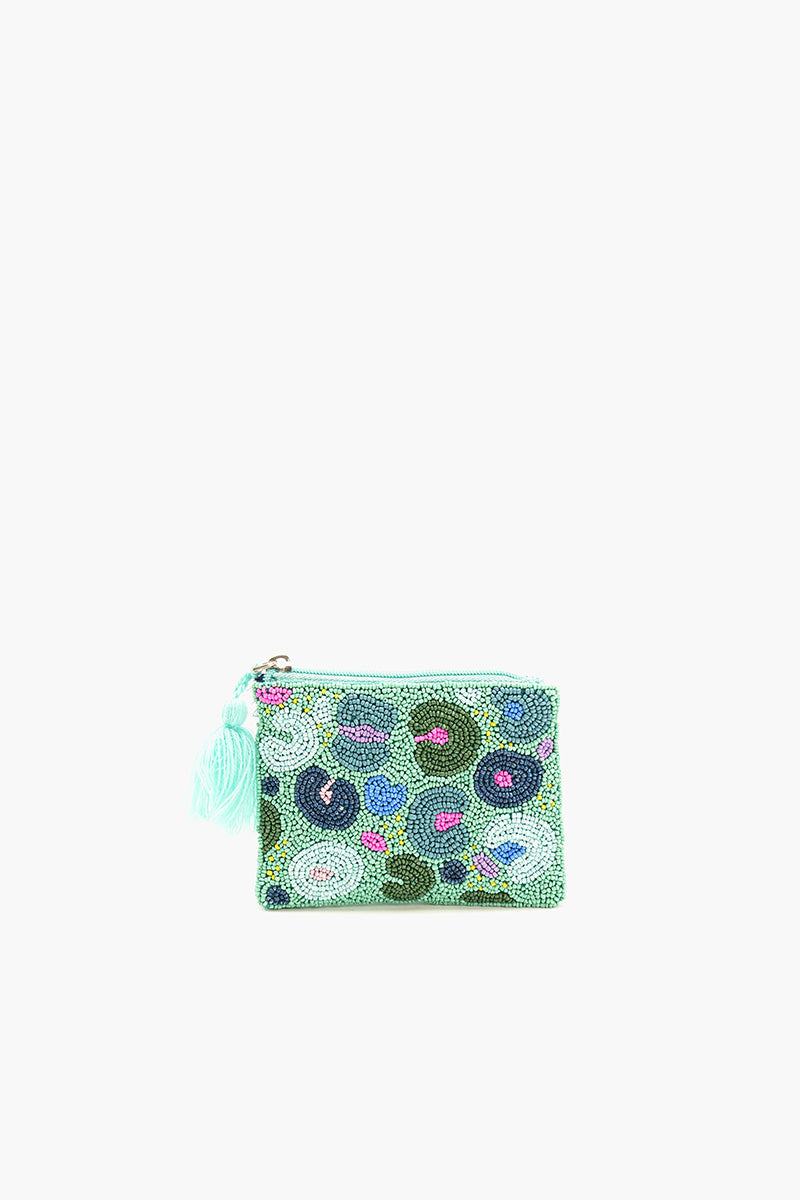 Aqua Bloom Beaded Coin Pouch