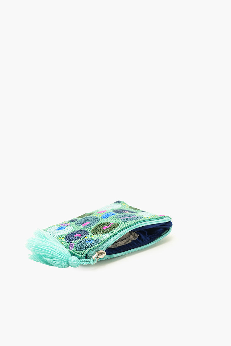 Aqua Bloom Beaded Coin Pouch
