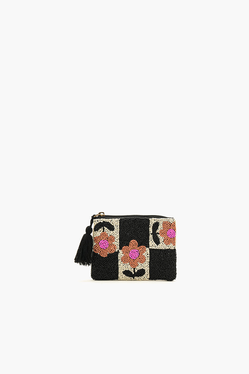 Floral Check Beaded Coin Pouch