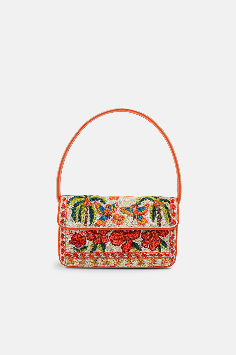 Embroidered handbag with floral patterns on a white background