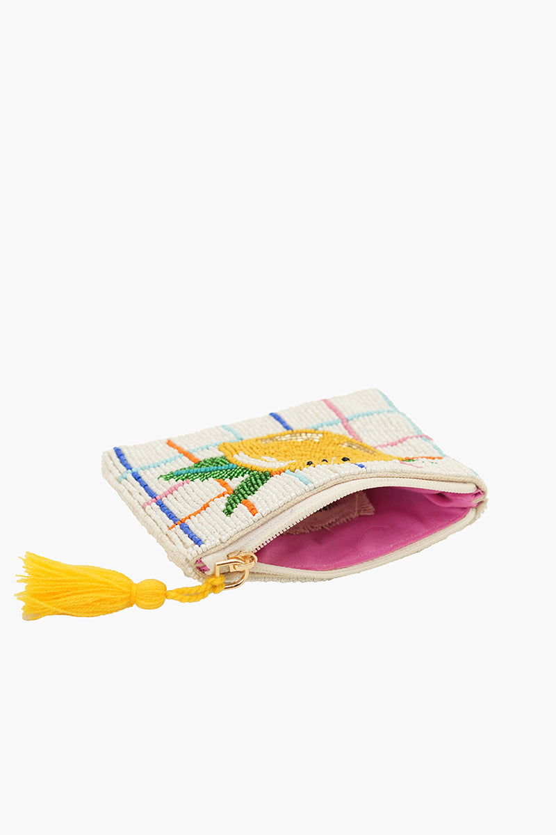 Citrus Lemon Grid  Beaded Coin Pouch