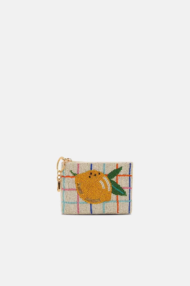 Citrus Lemon Grid  Beaded Coin Pouch