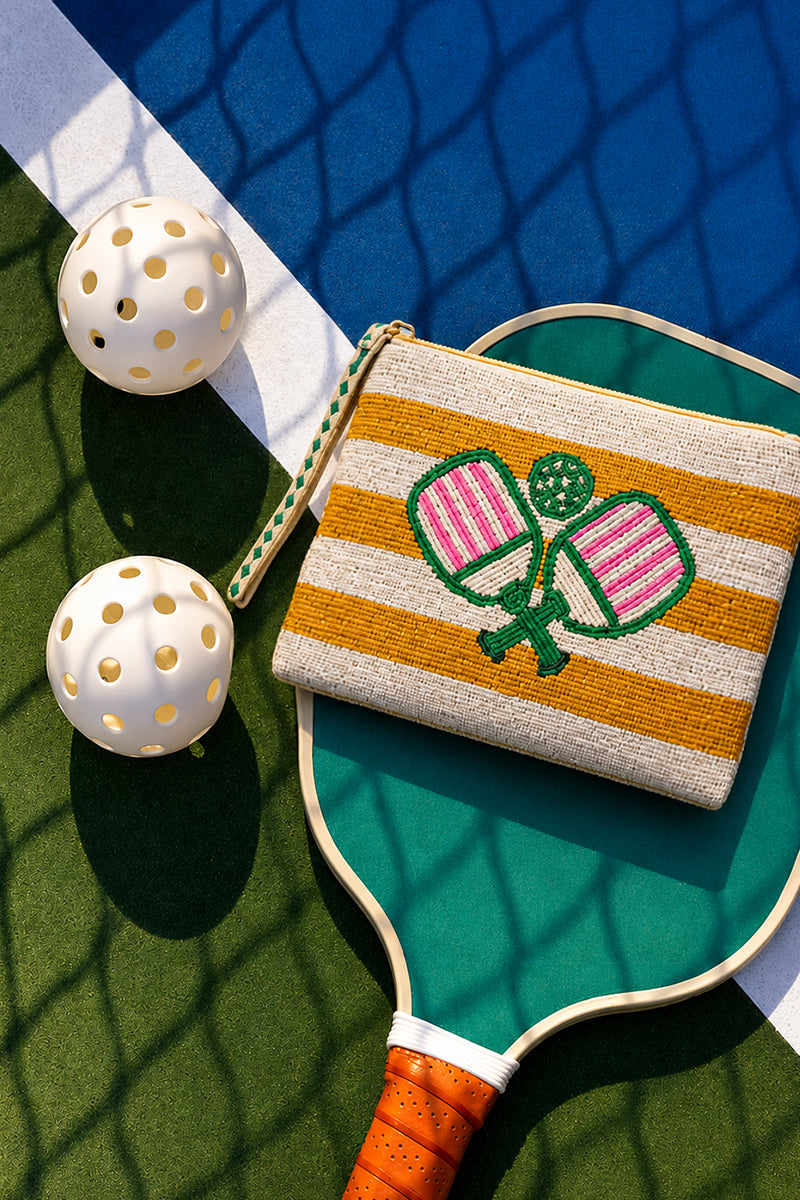 Pickleball Pop Fully Hand-Beaded Top Zip Clutch