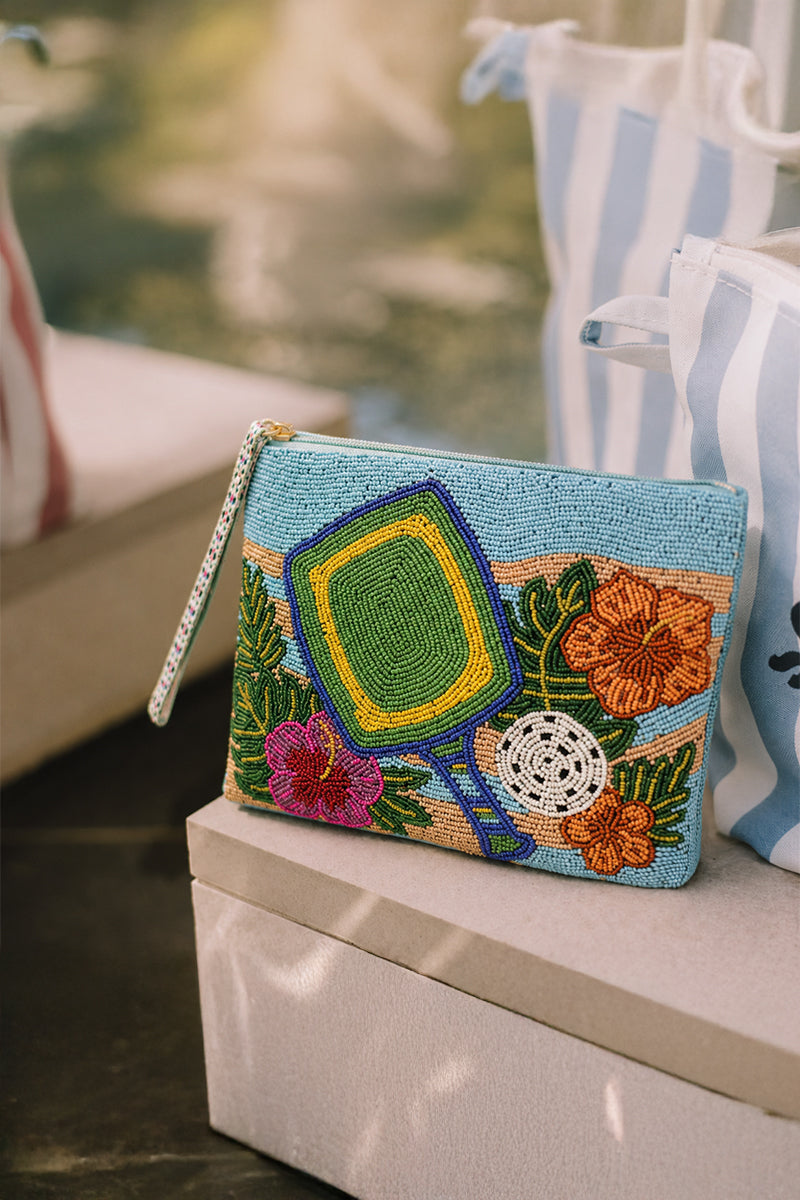 Pickleball Vibes Fully Hand-Beaded Top Zip Clutch | view 1