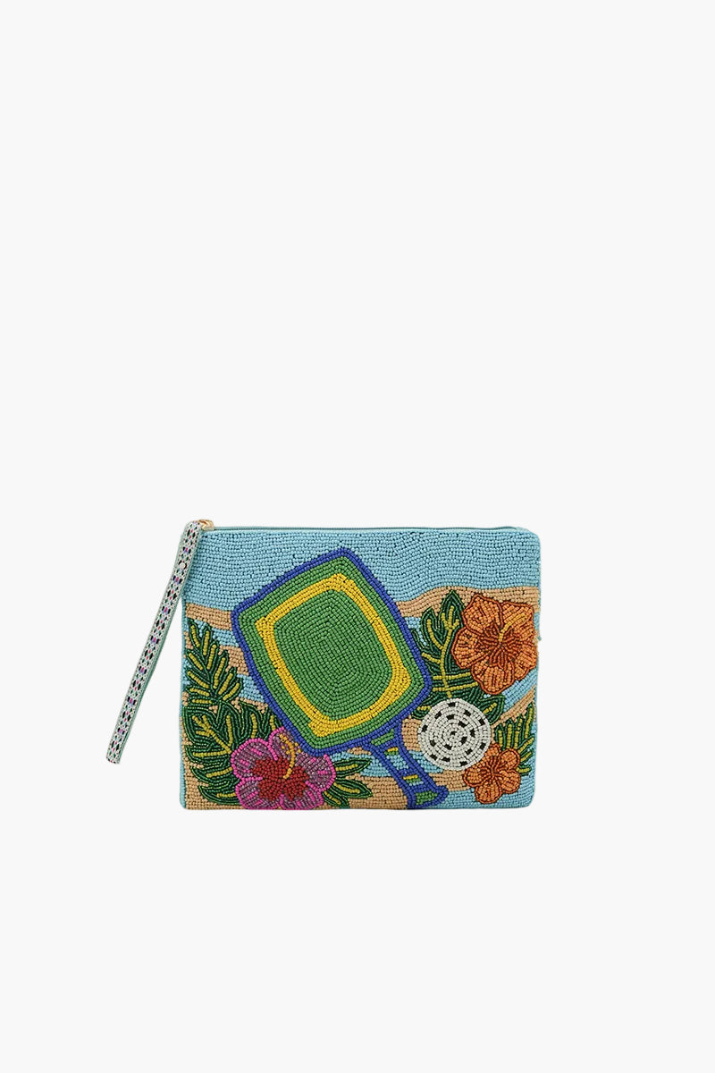 Colorful beaded pouch with floral design on a white background