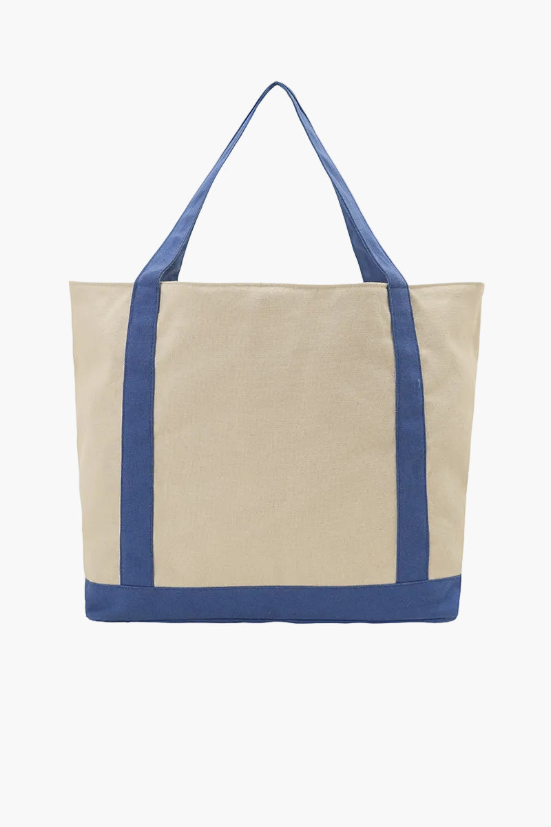 Beige tote bag with blue straps on a white background