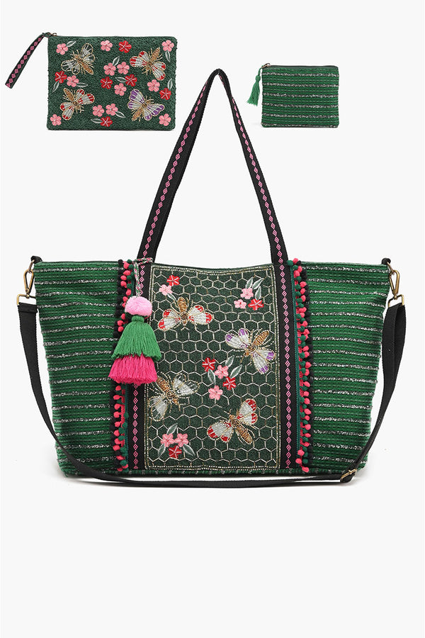 Embellished Tote with Pouch & Coin Emerald Bee