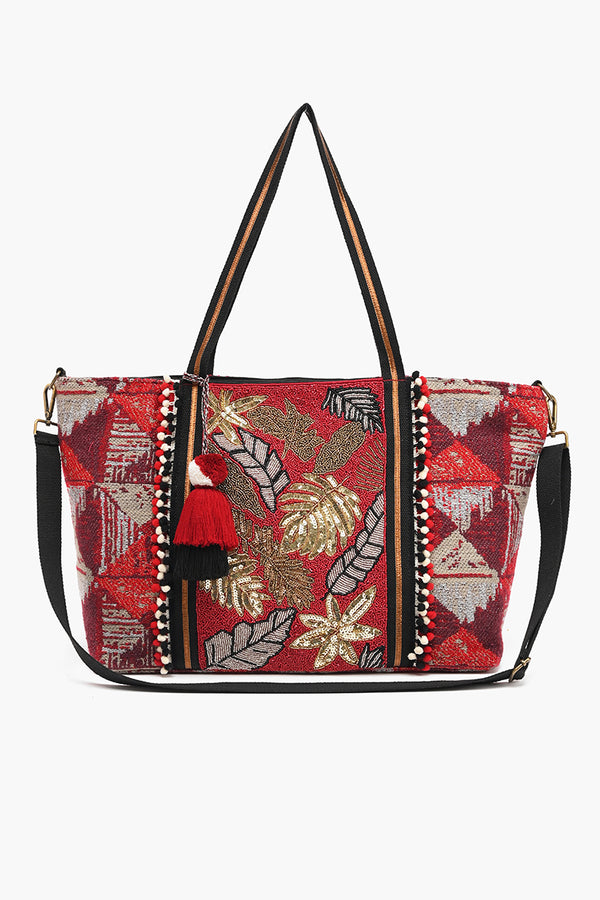 Embellished Tote with Pouch & Coin Red Floral