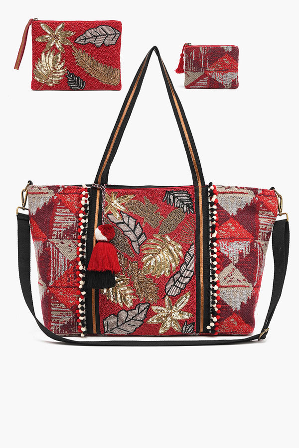 Embellished Tote with Pouch & Coin Red Floral