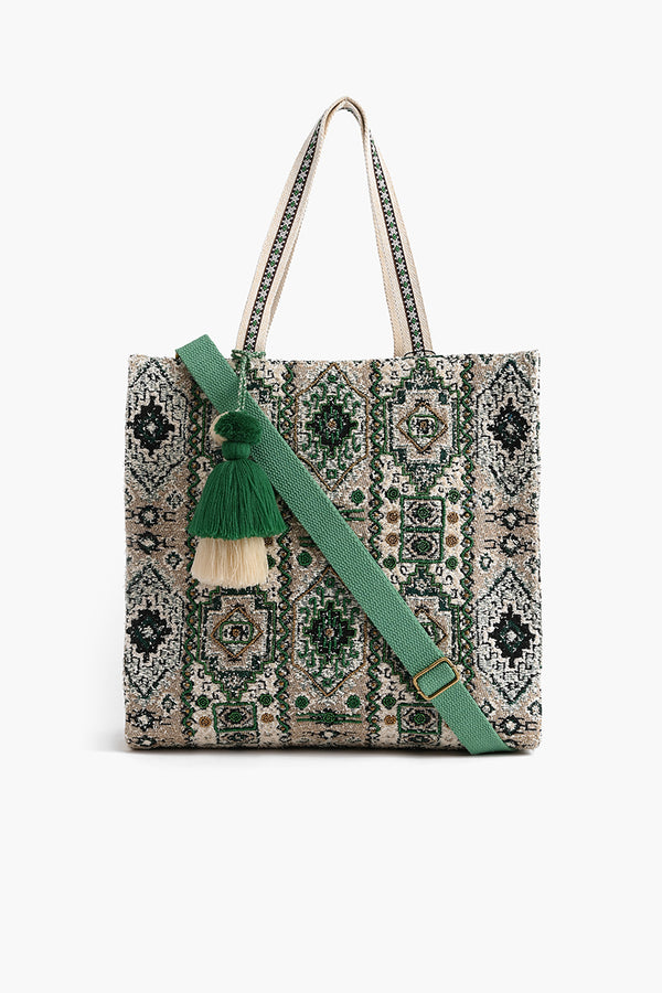 Jacquard Shopper with Adjustable Strap Green Multi