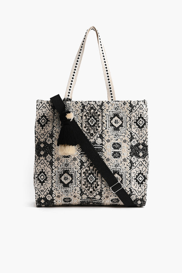 Jacquard Shopper with Adjustable Strap Black Natural