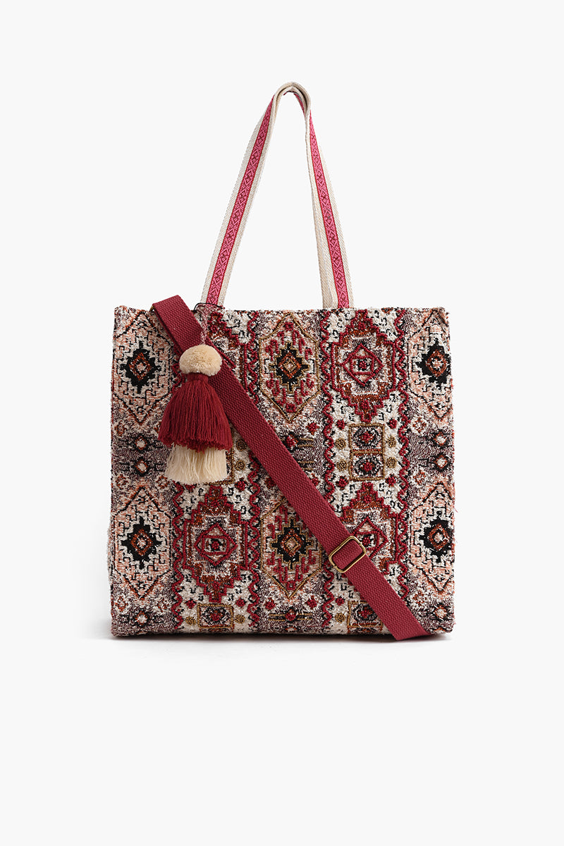 Jacquard Shopper with Adjustable Strap Red Multi
