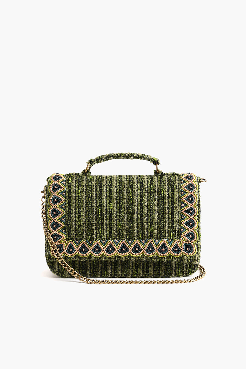 Hand Held beaded Clutch with Adjustable Chain Strap Green