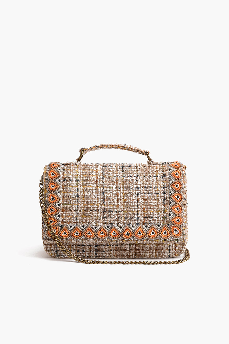 Hand Held beaded Clutch with Adjustable Chain Natural