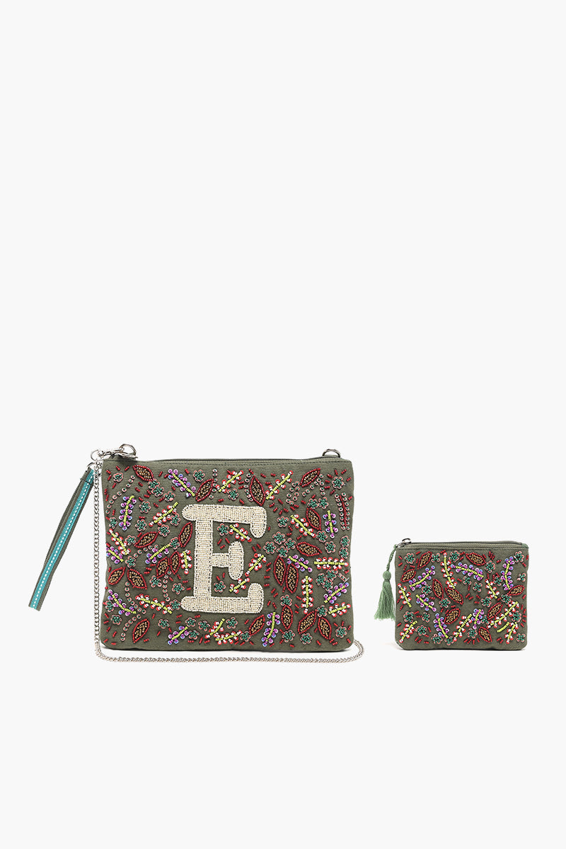 E Initial Embellished Pouch with Coin Bag