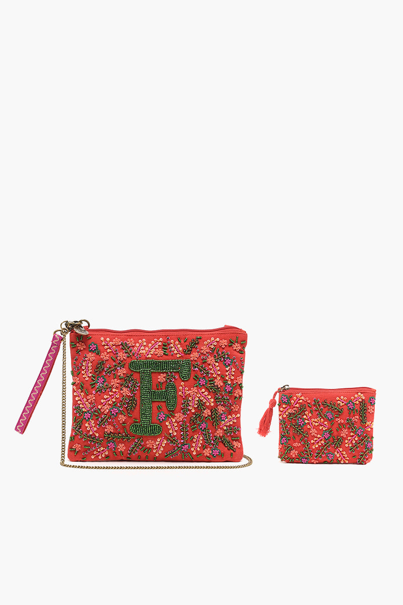 F Initial Embellished Pouch with Coin Bag