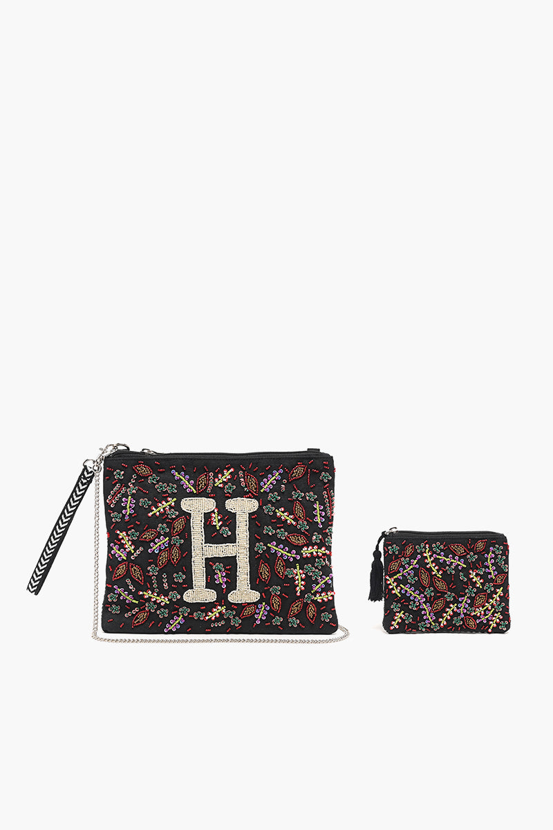 H Initial Embellished Pouch with Coin Bag
