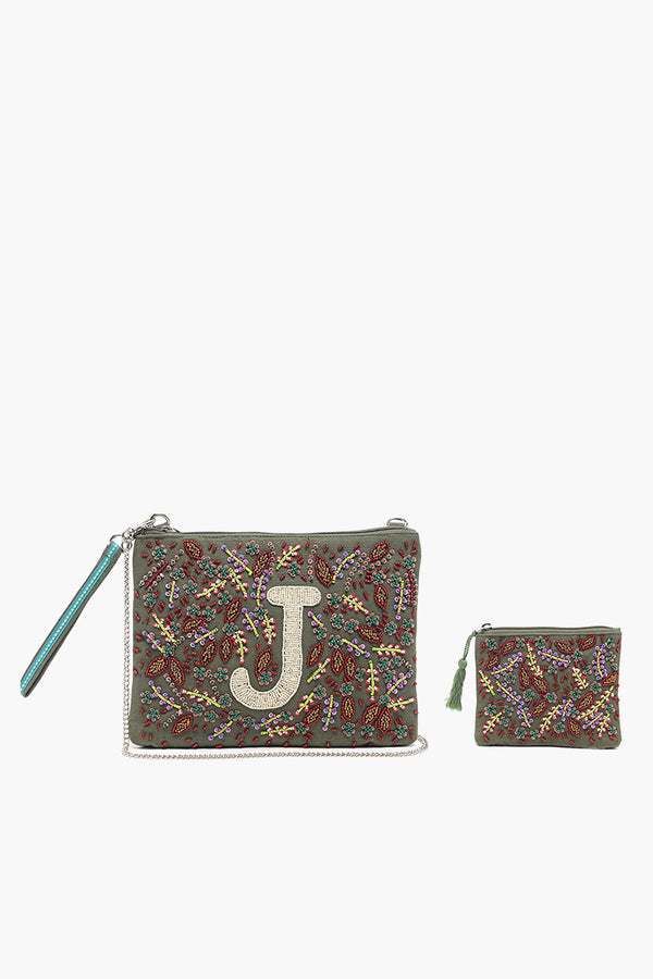 J Initial Embellished Pouch with Coin Bag