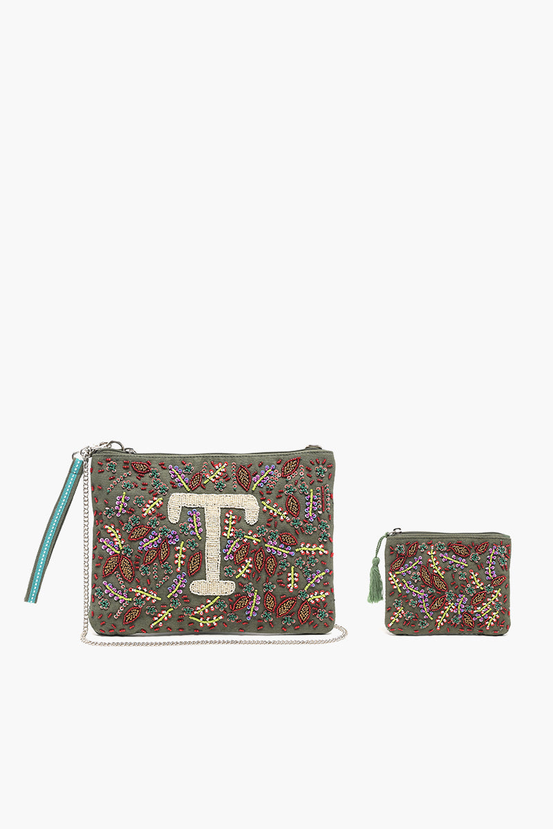 T Initial Embellished Pouch with Coin Bag