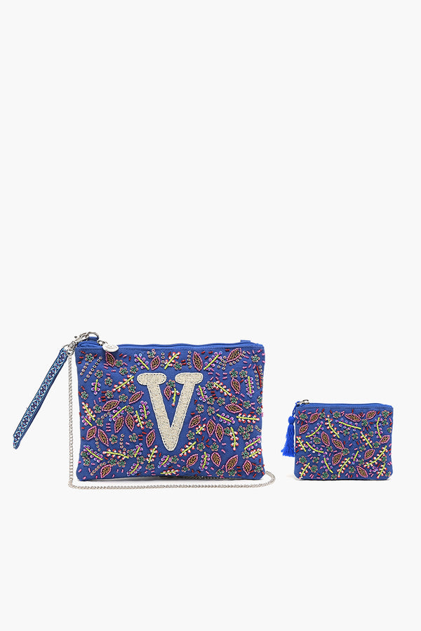 V Initial Embellished Pouch with Coin Bag