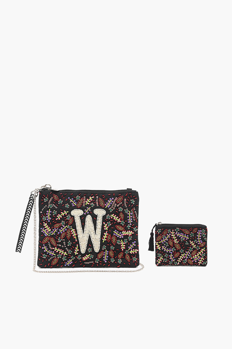 W Initial Embellished Pouch with Coin Bag