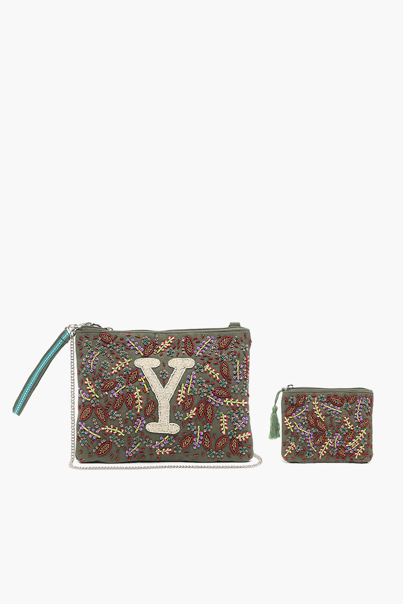 Y Initial Embellished Pouch with Coin Bag