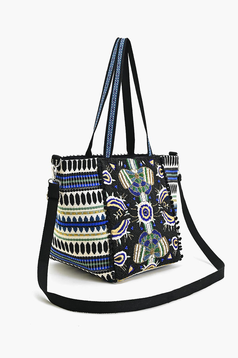 Black Navy Butterfly Embellished Tote